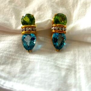 Peridot / Blue Topaz and Diamond Earrings set in 18k Yellow and White Gold